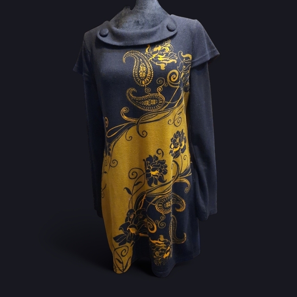 Dress M/L Paisley L/S Black And Yellow Gold RN#82312 - Picture 3 of 12